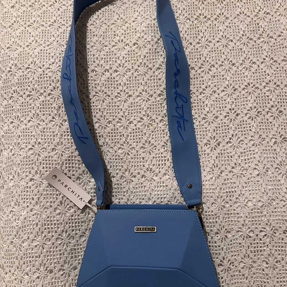 Blue Crossbody Bag with Branded Strap